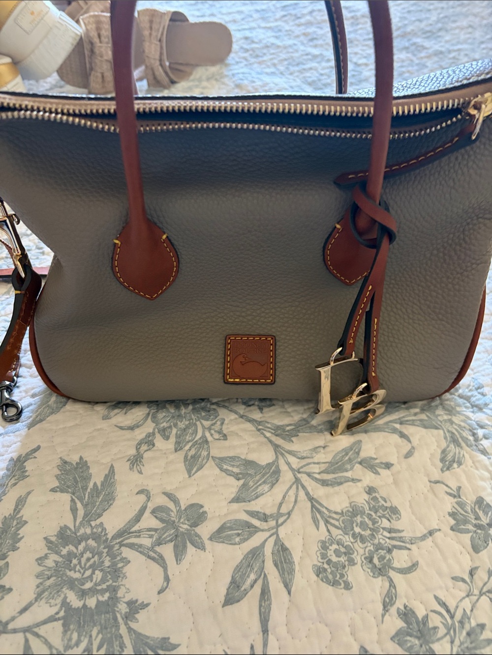 Dooney & Bourke Gray Pebble Leather Tote with Brown Trim and Gold Hardware